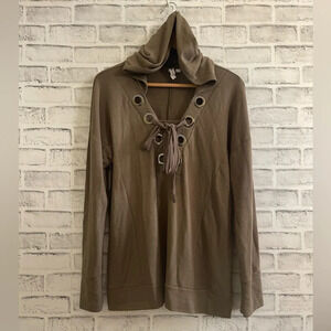 Women’s Cable & Gauge green hooded criss-cross tie up v-neck long sleeve shirt M